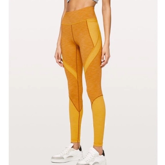 Lululemon Early Extension High-Rise Tight Heathered Fools Gold Pockets Sz 8 EUC - Picture 1 of 5